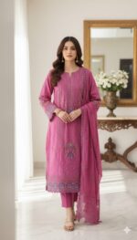 পাকিস্তানি লেজার কাট আগা নুর থ্রি পিস Unstitch. - Image 7
